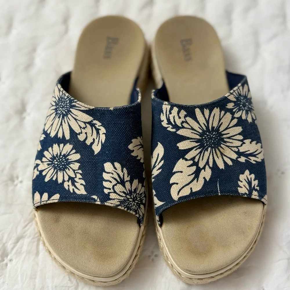BASS Women’s Holiday Hawaiian Floral Blue Espadrille Slides Size 7M Vintage Y2K